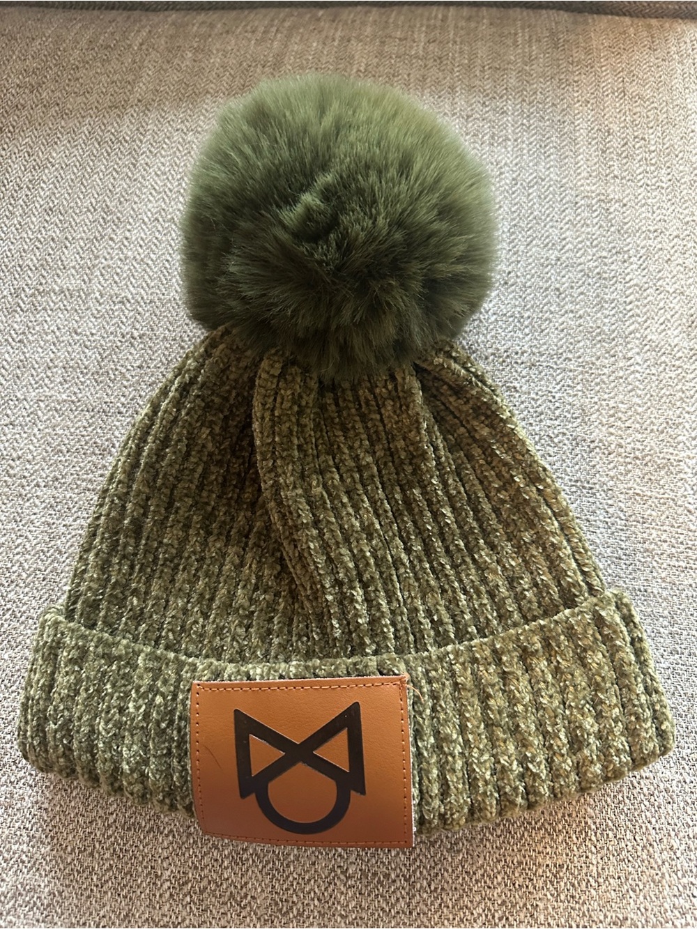 Kids Olive Green Pom Pom Beanie - Branded Patch Knit Hat